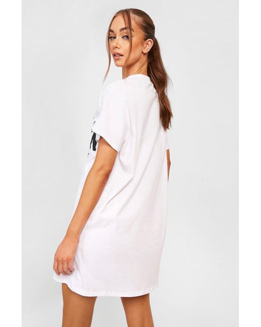 Boohoo White Brooklyn Slogan Print Oversized T-shirt Dress