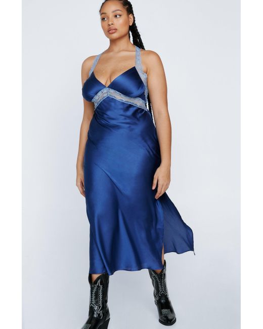Nasty Gal Blue Plus Size Lace Trim Satin Maxi Dress