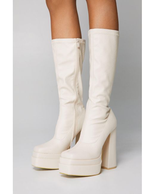 Nasty Gal White Faux Leather Platform Knee High Sock Boots