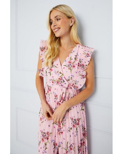 Wallis Pink Petite Occasion Floral Pleated Midi Dress