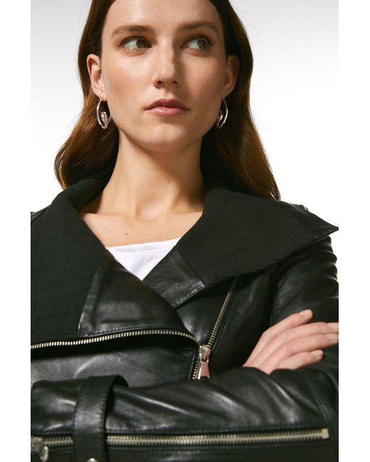 Karen Millen Black Leather And Knit Envelope Neck Biker Jacket