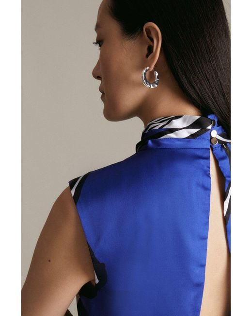 Karen Millen Blue Graphic Linear Twist Neck Woven Sleeveless Top