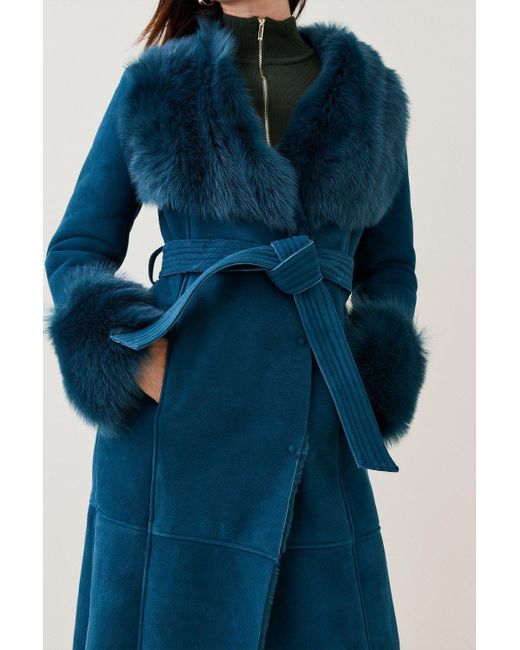 Karen Millen Blue Petite Shearling Wrap Belted Coat