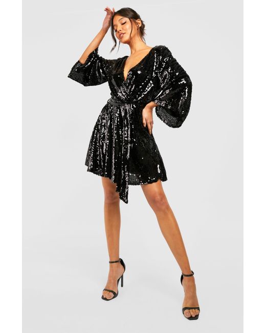 Boohoo Black Sequin Wide Sleeve Wrap Party Dress