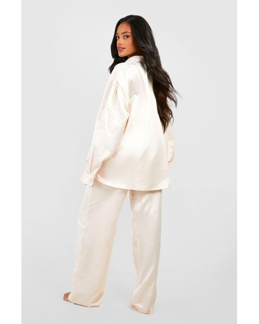 Boohoo Natural Satin Oversized Detail Sleeve Pyjama Set