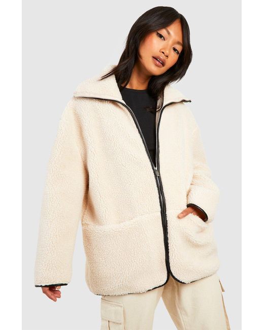 Boohoo Natural Contrast Detail Funnel Neck Teddy Jacket