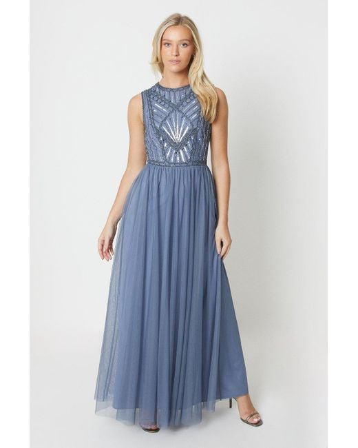 Debut London Blue Silver Embellished Mesh Skirt Bridesmaids Dress