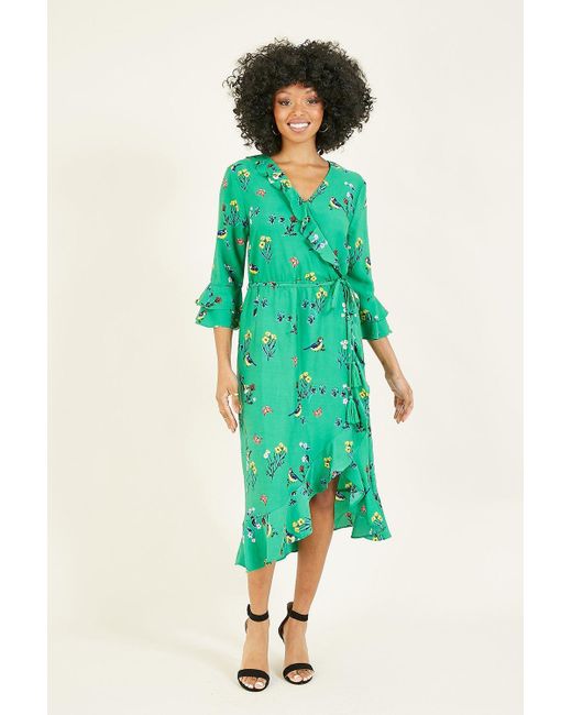 Yumi' Green 'safiya' Bird Print Wrap Dress