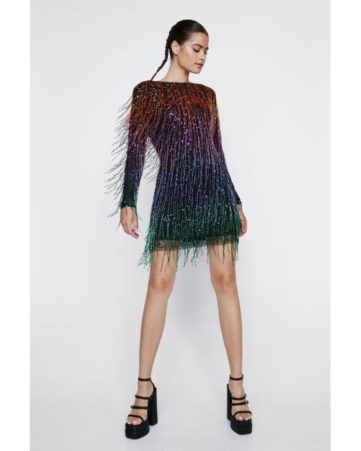 Nasty Gal Multicolor Fringed Long Sleeve Mini Dress