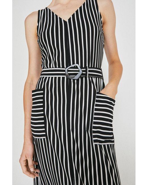Warehouse White Stripe Belted V Neck Midi Dress