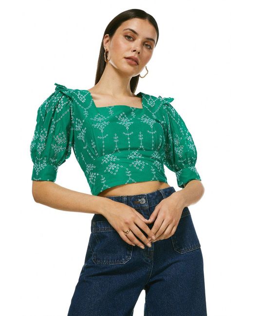 Karen Millen Green Embroidered Puff Sleeve Woven Crop Top