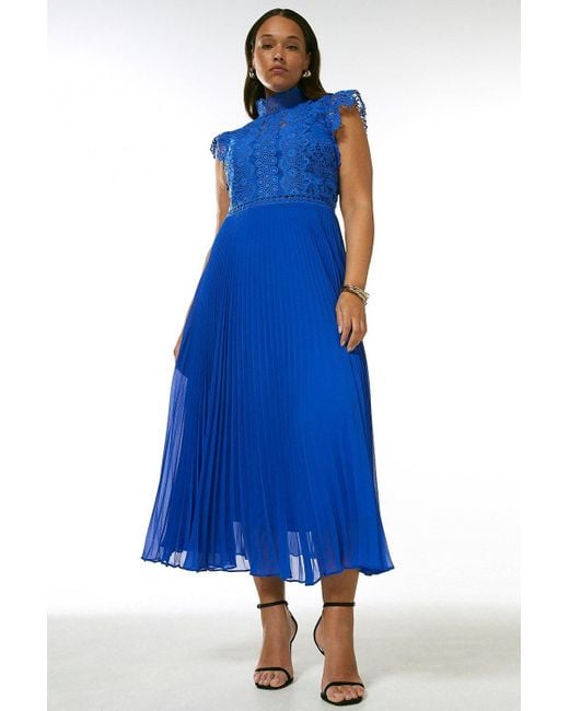 Karen Millen Blue Plus Size Lace Applique Pleat Midi Dress