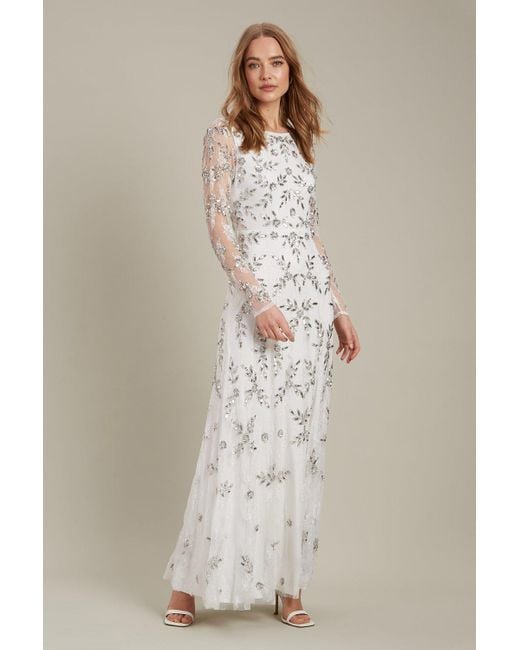 Dorothy Perkins Natural All Over Embellished Long Sleeve Lace Maxi Dress