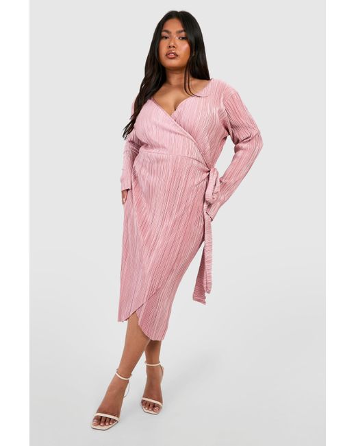 Boohoo Pink Plus Plisse Wrap Midi Dress