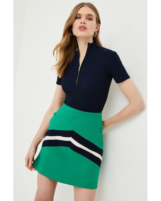 Karen Millen Green Compact Stretch Stripe Colour Block Skirt