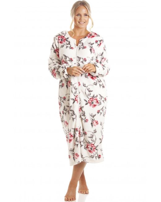 CAMILLE White Luxurious Supersoft Zip Up Floral Bathrobe