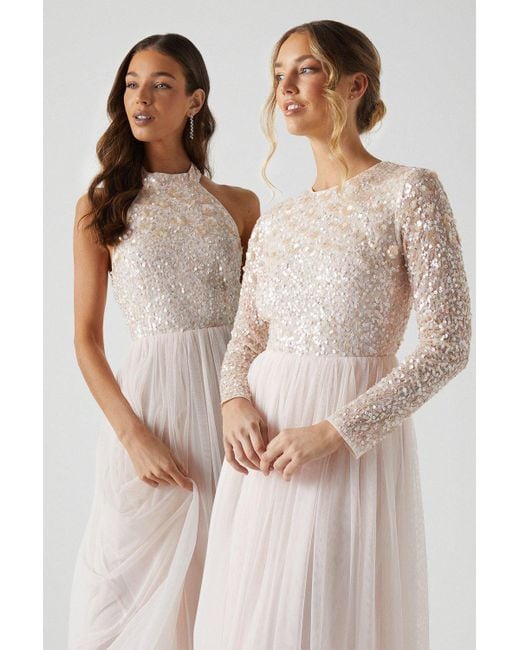 Coast Pink 3d Floral Embellished Long Sleeve Bridesmaid Maxi Dress