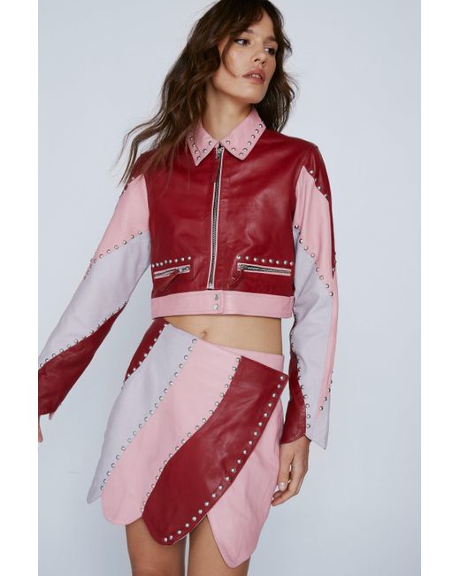 Nasty Gal Red Real Leather Studded Cropped Jacket