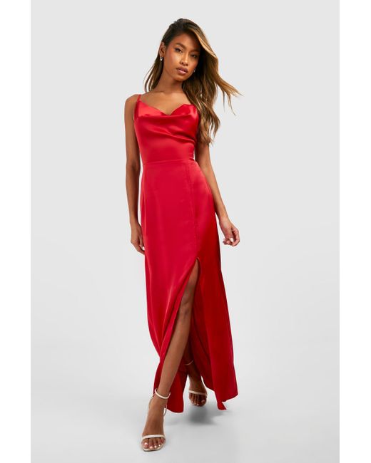 Boohoo Red Satin Slip Side Split Maxi Dress