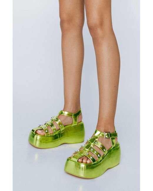 Nasty Gal Green Metallic Studded Platform Sandals