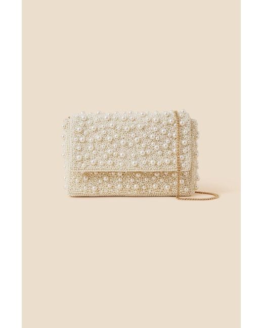 Accessorize Natural Bridal Hand-embellished Pearl Foldover Clutch Bag