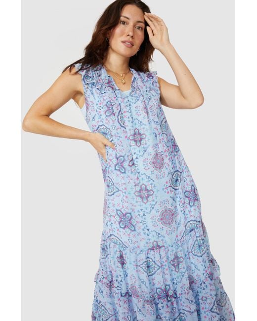 Mantaray Blue Sleeveless Frill Yoke Motif Print Dress