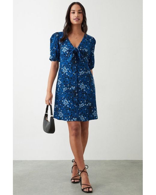 Dorothy Perkins Blue Printed Tie Front Button Through Mini Dress