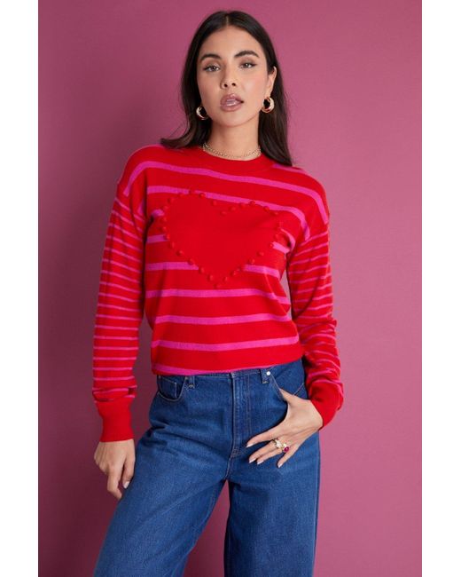 ANOTHER SUNDAY Long Sleeved Knitted Top With Stripe And Heart Detail In Red