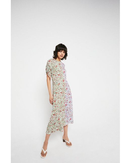 Warehouse Multicolor Jersey Crepe Mixed Print Ruched Sleeve Midi Dress