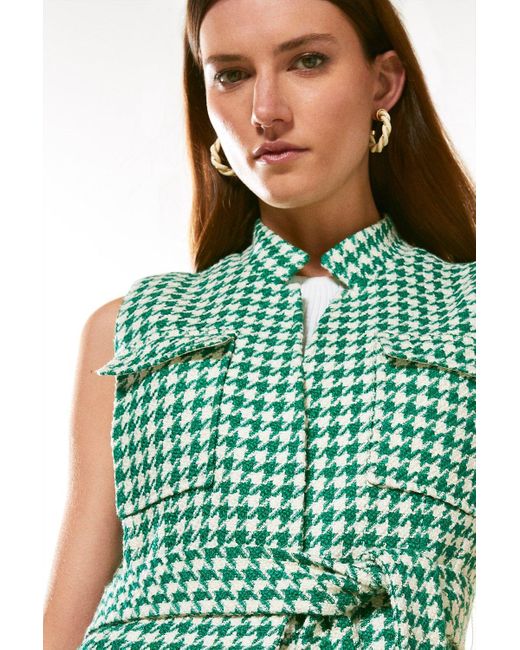 Karen Millen Green Check Tweed Belted Sleeveless Jacket