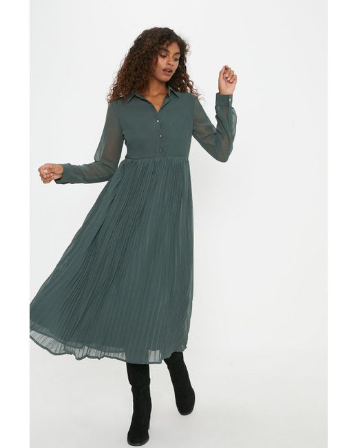 Dorothy Perkins Green Pleated Chiffon Midi Shirt Dress