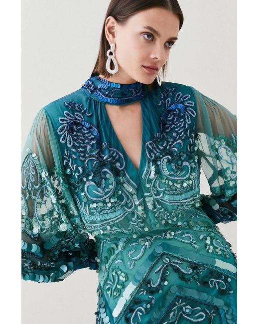 Karen Millen Blue Ombre Sequin And Embroidered Maxi Dress