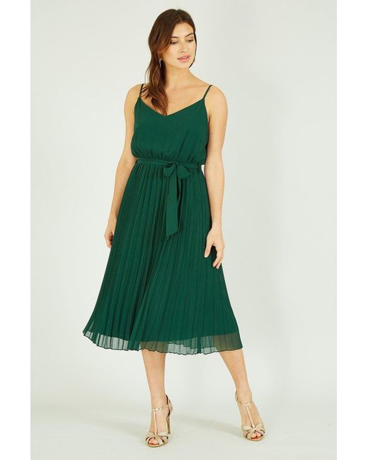 Mela Green Pleated Strappy Midi Dress