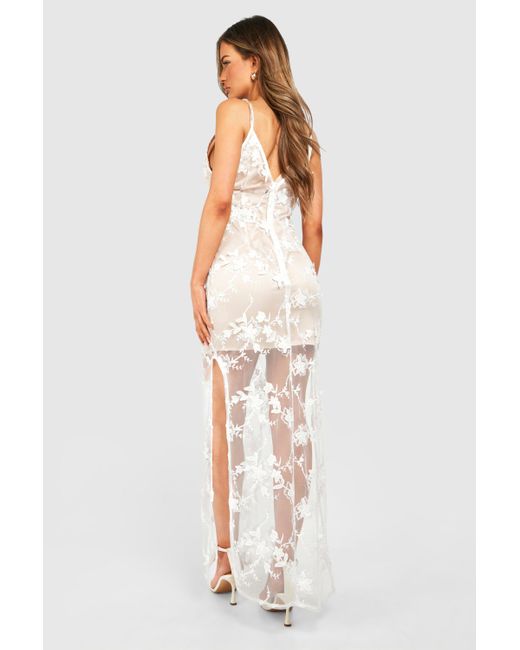 Boohoo White Sheer Lace Plunge Maxi Slip Dress