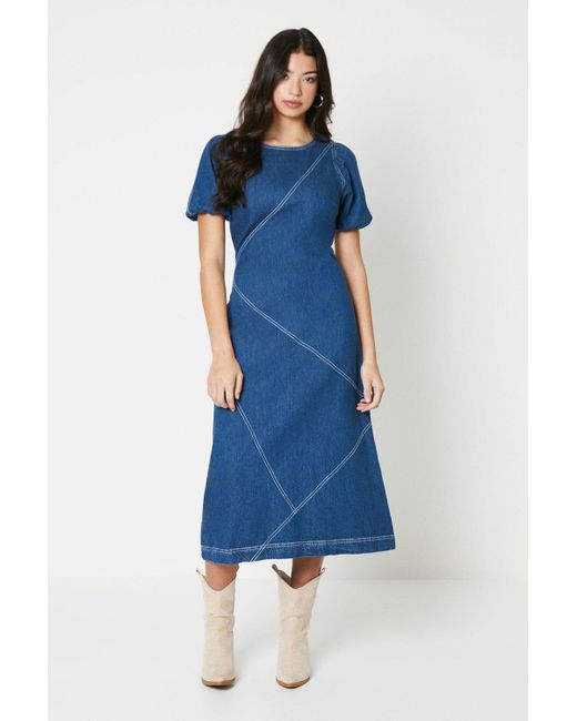 Oasis Blue Puff Sleeve Stitch Detail Denim Midi Dress