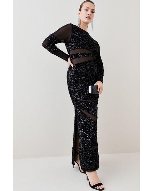 Karen Millen Black Plus Size Sequin Velvet And Mesh Maxi Dress