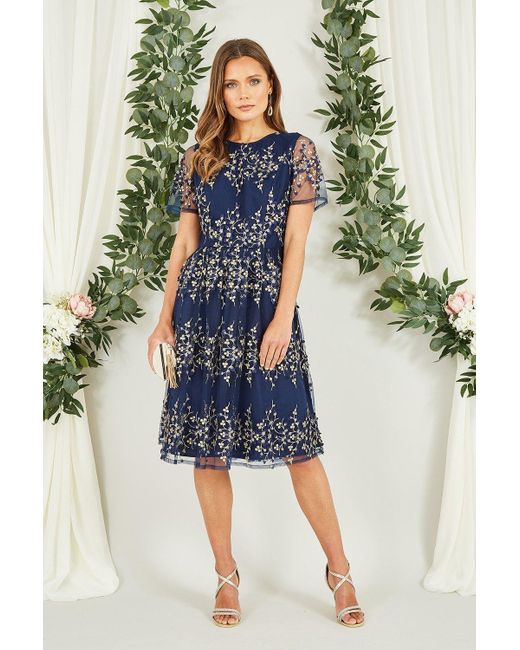 Yumi' Blue Navy Embroidered Floral Skater Dress