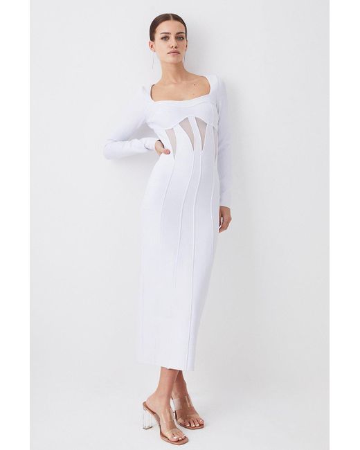 Karen Millen White Tall Mesh Cut Out Bandage Knit Midaxi Dress