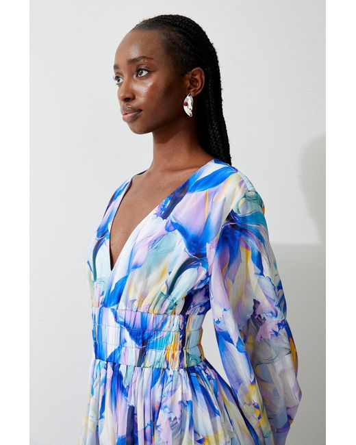 Karen Millen Blue Ombre Floral Silk Cotton Plunge Maxi Dress