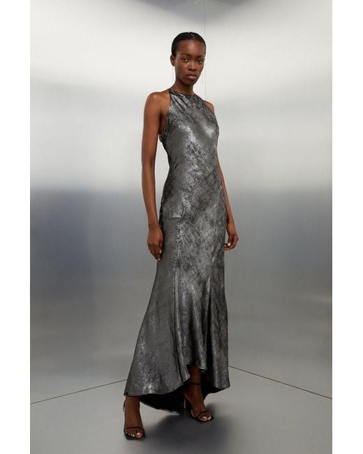 Karen Millen Gray Petite Premium Metallic Diamante Detail Halter Woven Maxi Dress