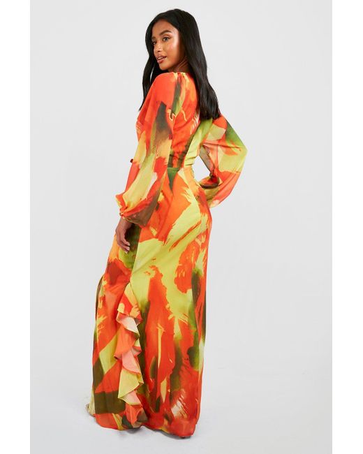 Boohoo Orange Petite Abstract Print Ruffle Wrap Maxi Dress