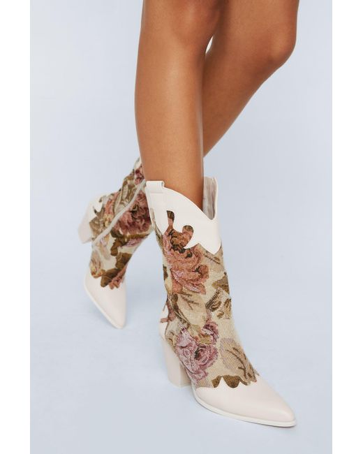 Nasty Gal White Faux Leather Floral Embriodered Wetsern Boot