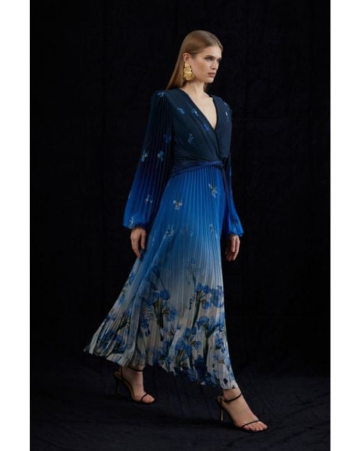 Karen Millen Blue Petite Scattered Floral Print Pleated Split Maxi Dress