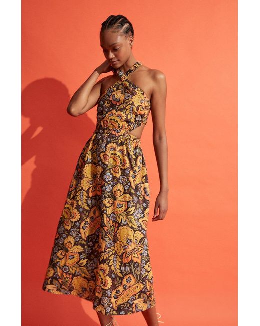Warehouse Orange Floral Cotton Cross Back Cut Out Midi Dress