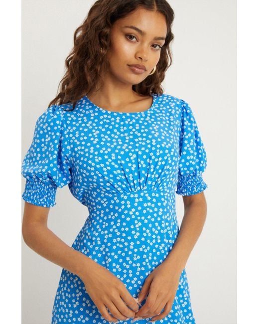 Dorothy Perkins Blue Petite Ditsy Shirred Cuff Midi Dress