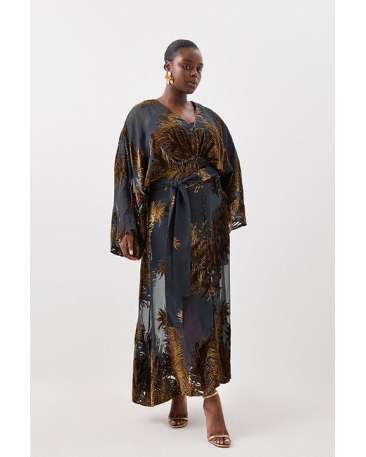 Karen Millen Black Plus Size Feather Devore Woven Kimono Maxi Dress