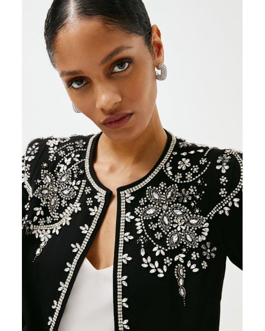 Karen Millen Black Crystal Embellished Strong Shoulder Cady Jacket