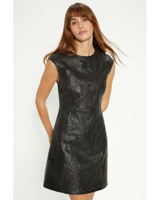 Oasis Black Premium Embroidered Cut Out Leather Shift Dress