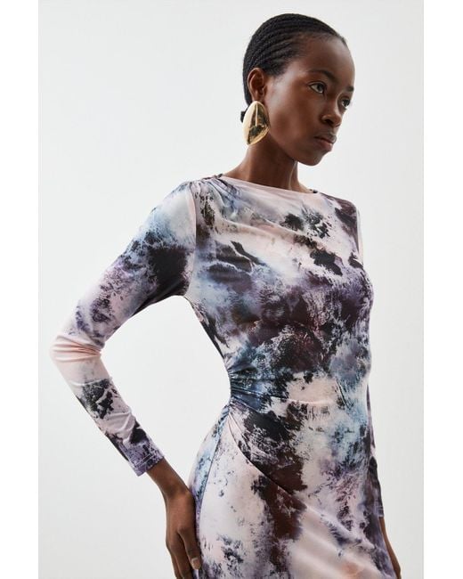 Karen Millen Gray Abstract Print Jersey Crepe Long Sleeve Midaxi Dress