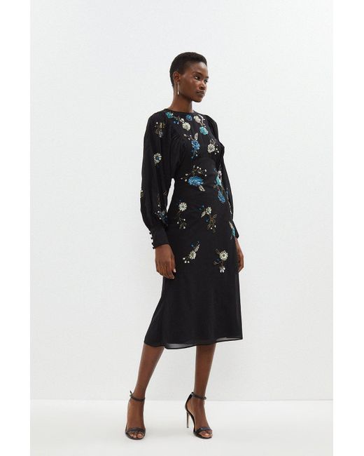 Coast Black Mid Dress With Blouson Sleeve & Embellishment